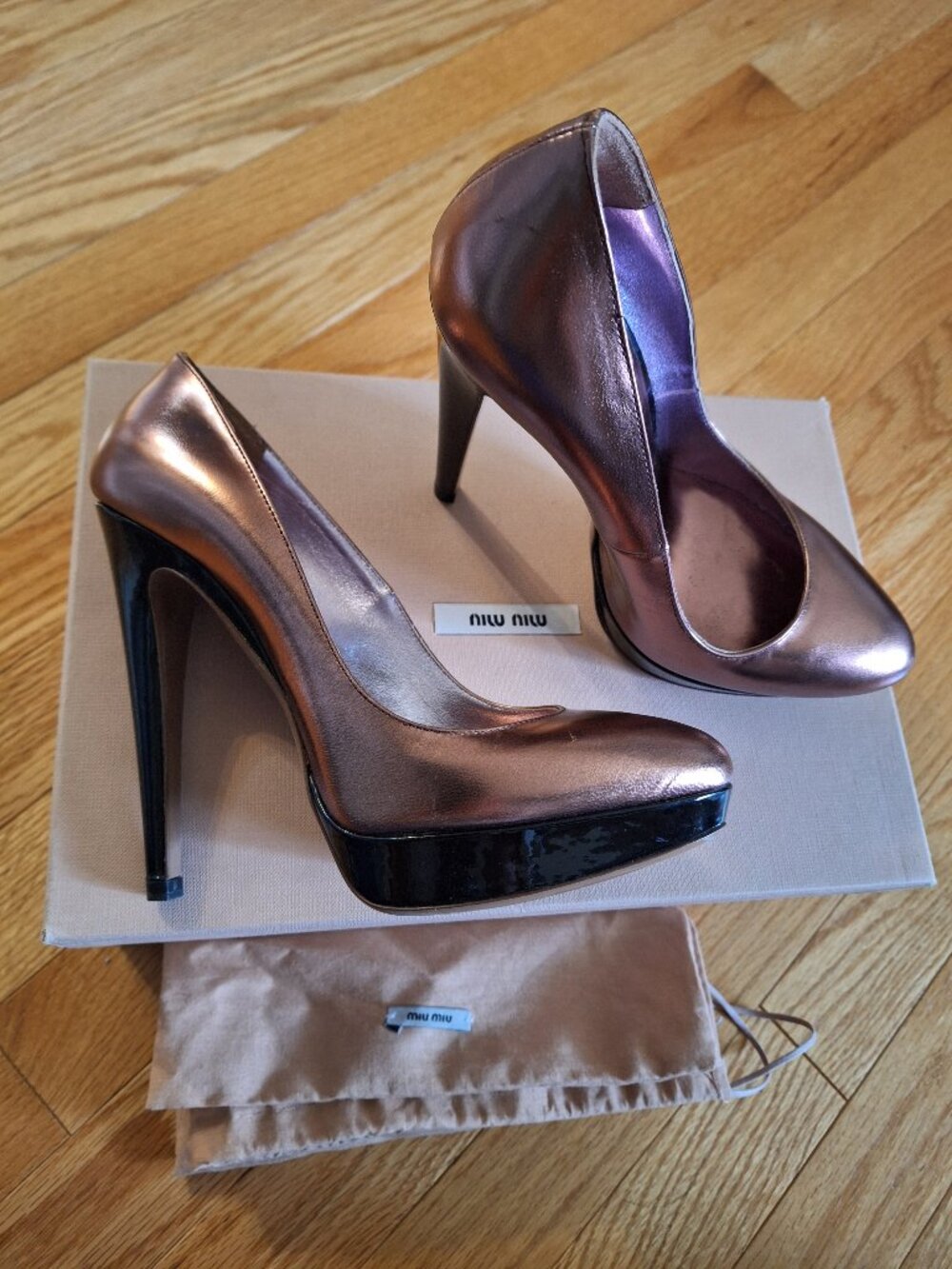Miu Miu metallic pink platform heels
